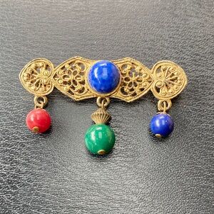Vintage Bar Style Brooch with Red, Green, and Blue Accents